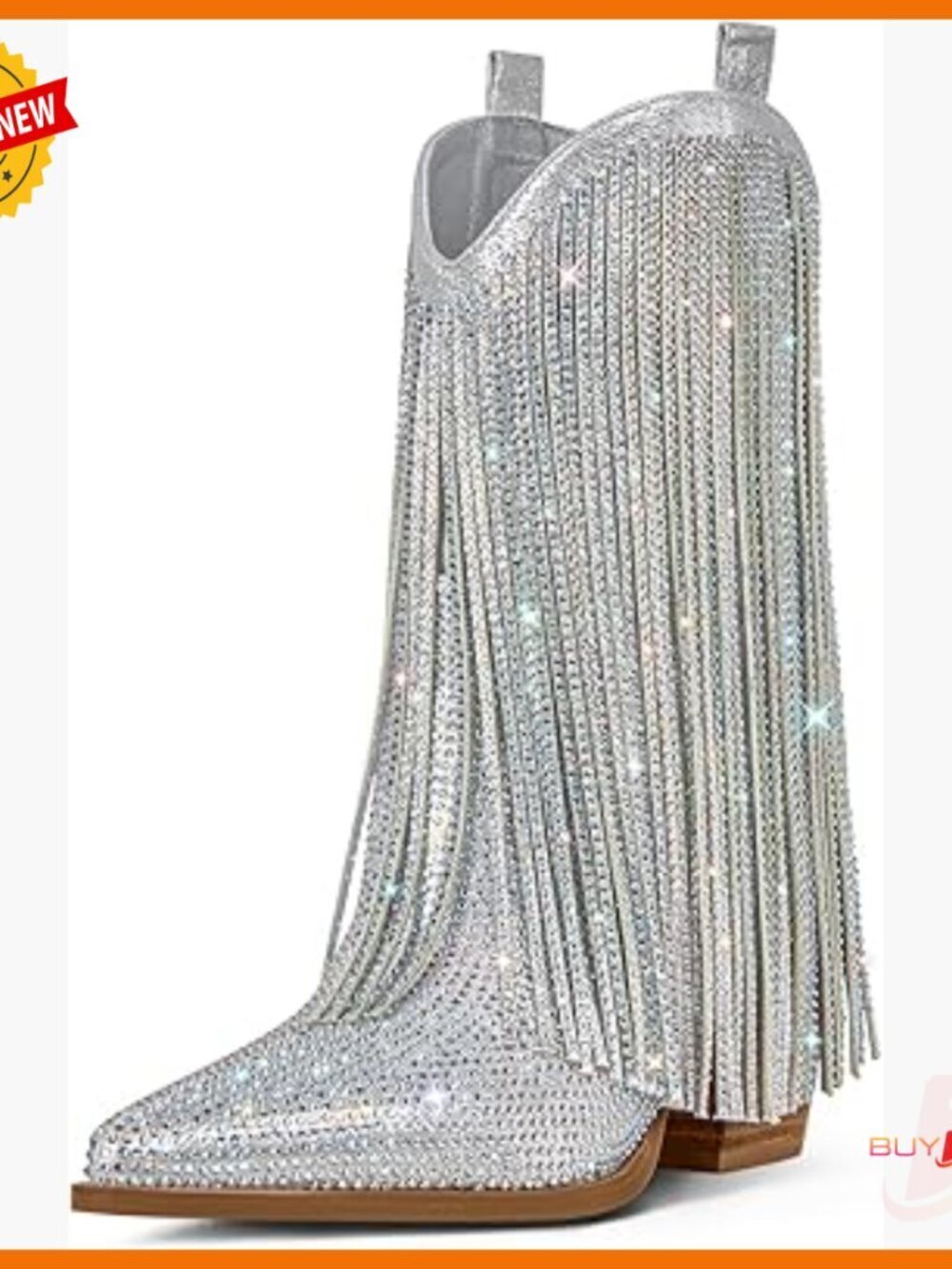 Rhinestone Fringe Cowboy Boots Pointed Toe Pull-On Mid-Calf Western